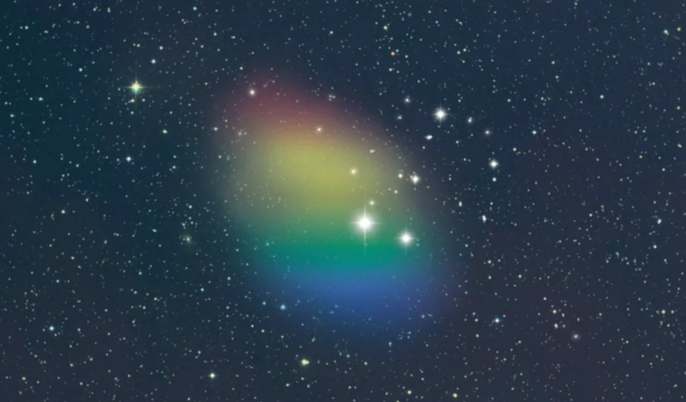 Gasgalaxie J0613+52 mit Bewegungsrichtung der Partikel (rot = weg von uns, blau = zu uns)