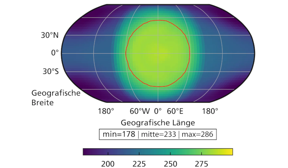 Simulierte Oberflächentemperatur von Wolf 1069b, unter der Annahme einer erdähnlichen Atmosphäre