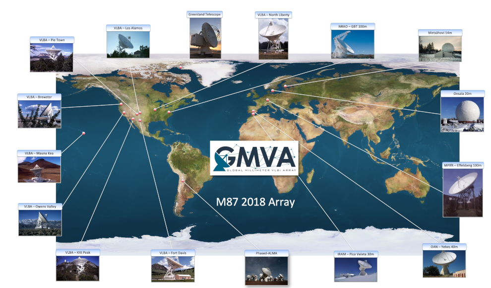 Karte des Global Millimetre VLBI Array (GMVA), des Netzes von Radioteleskopen, mit dem Messier 87 bei 3,5 Millimeter Wellenlänge abgebildet