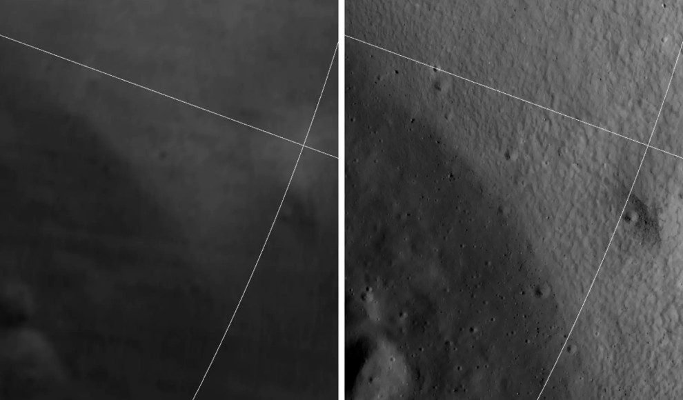 Vergleich zwischen einer Aufnahme der Lunar Reconnaissance Orbiter Camera (LROC) und der ShadowCam
