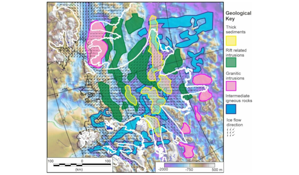 Geologische Karte des Gebietes unter dem Thwaites-Gletscher (Doomsday Glacier) 