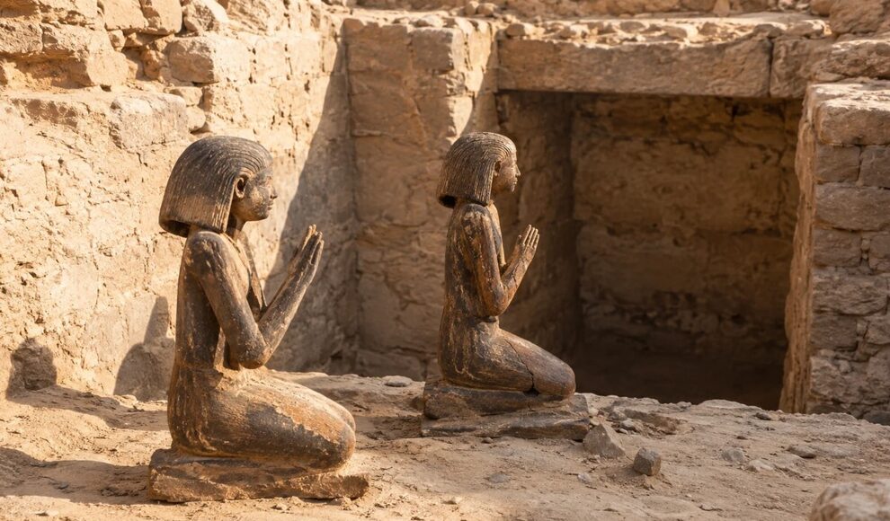 Zwei Holzfiguren in Sakkara bewachen ein rätselhaftes Grab
