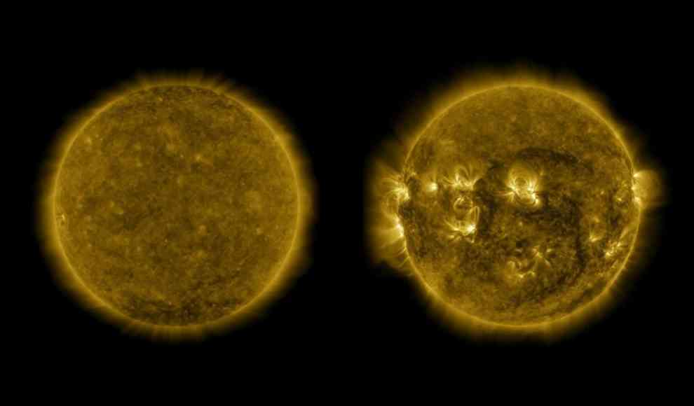 Aktivitätsminimum der Sonne (links, Dezember 2019) Aktivitätsmaximum der Sonne (rechts, April 2014)