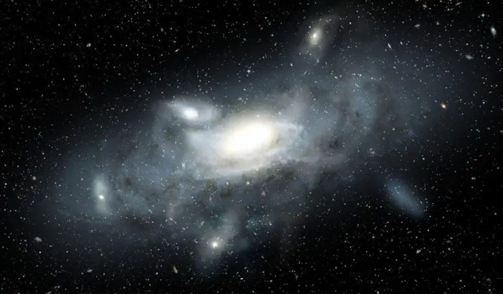 Künstlerische Darstellung der jungen Milchstraße. Fünf kleine Satellitengalaxien sind dabei, in die Milchstraße aufgenommen zu werden