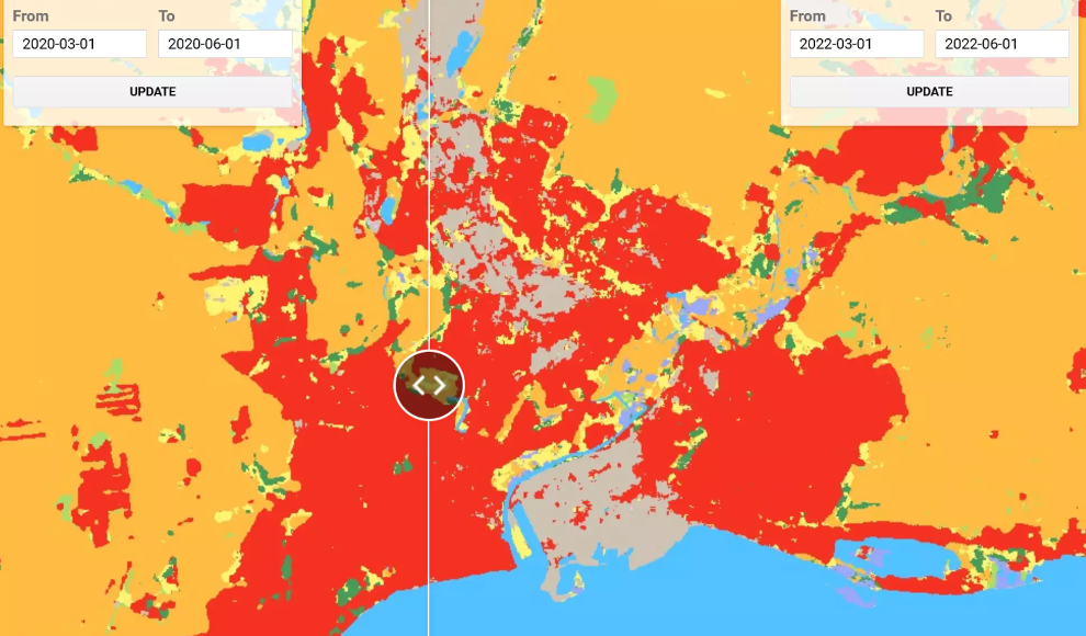 Mariupol in der Ukraine (bebaute Flächen in rot, nackter Boden in hellbraun)