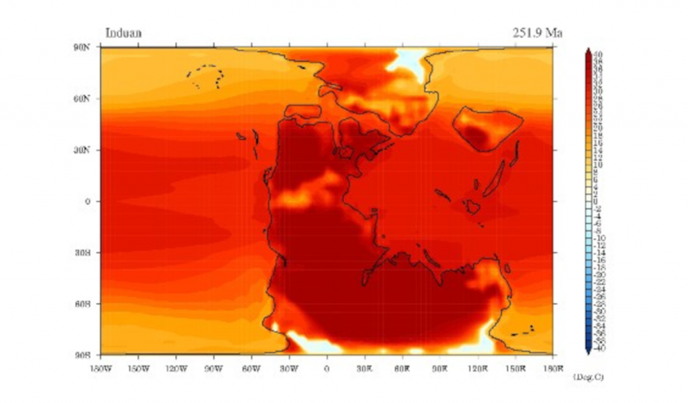 Oberflächentemperatur des wärmsten Monats beim Massensterben vor 252 Millionen Jahren