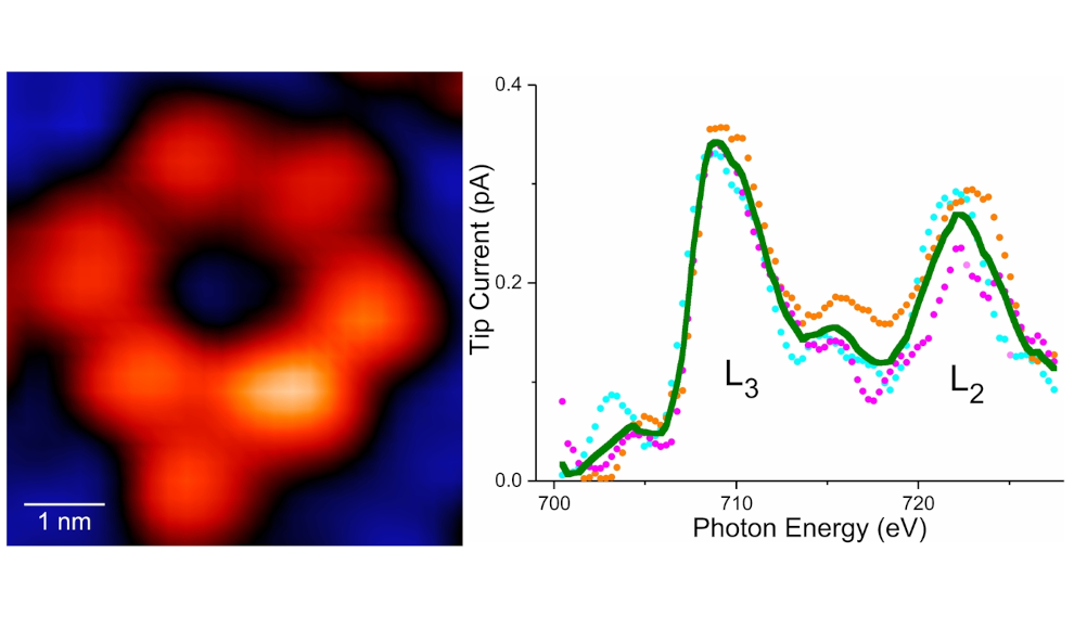 Ein Bild einer ringförmigen Supramolekül, in dem nur ein Eisen-Atom im gesamten Ring vorhanden ist (links). Röntgensignatur von nur einem Eisen-Atom (rechts)