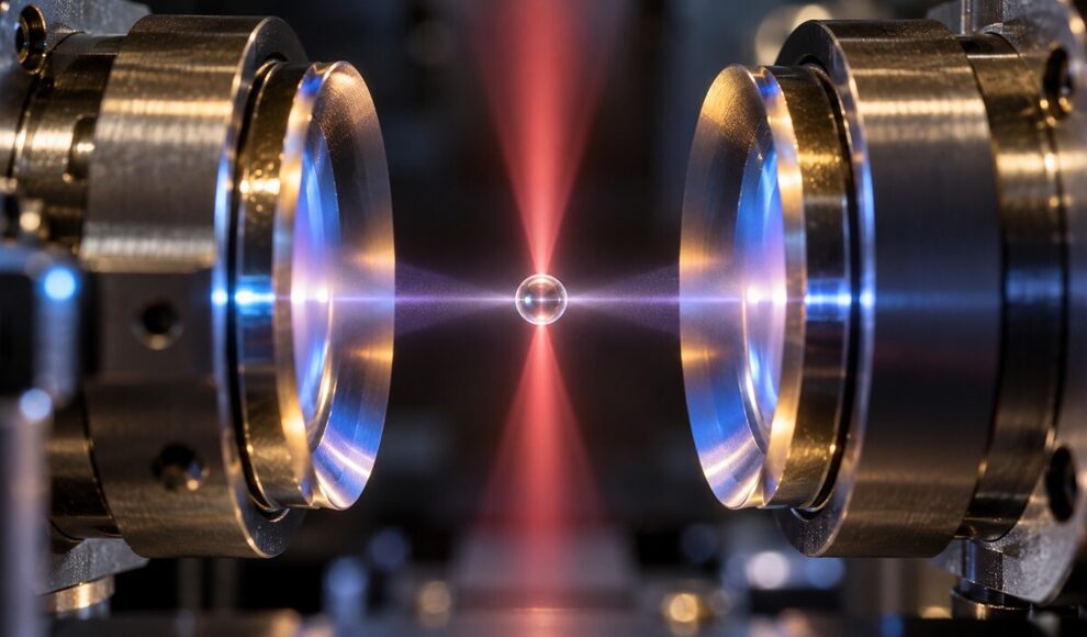 Glaskugel von 100 Nanometern schwebt und koppelt sich an Licht