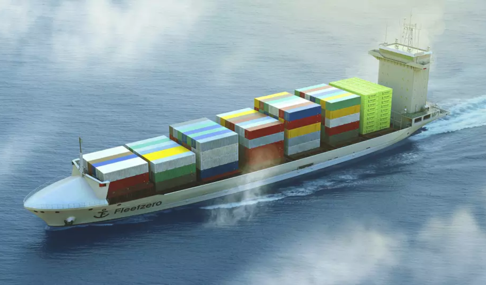 Containerschiff mit Akkupacks (grün) von Fleetzero