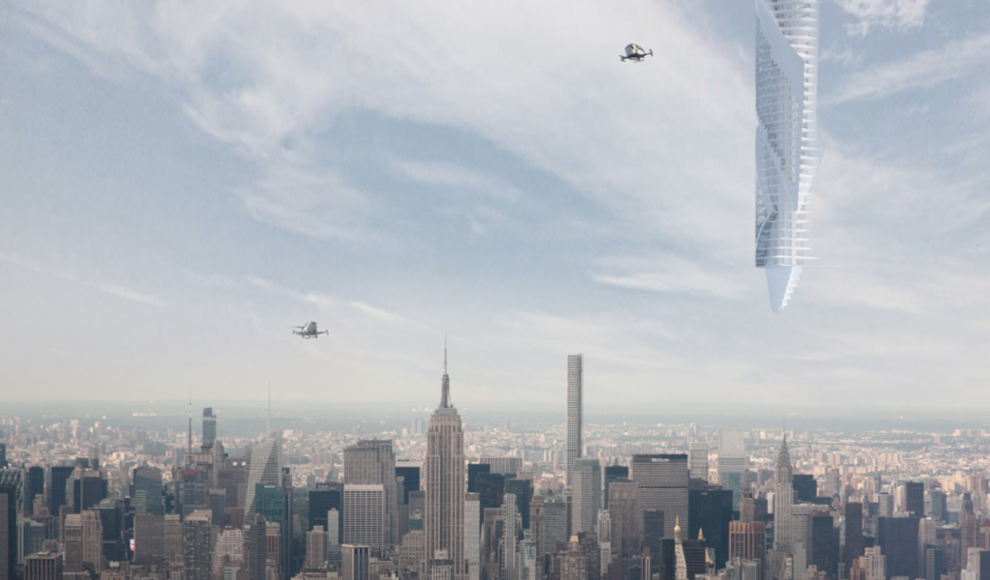 Analemma Tower schwebt am einem Asteroiden über der Erde