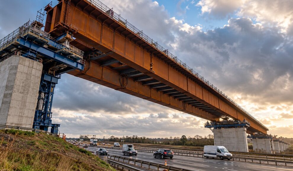 4.750 Tonnen schwere Brücke gleitet über eine befahrene Autobahn