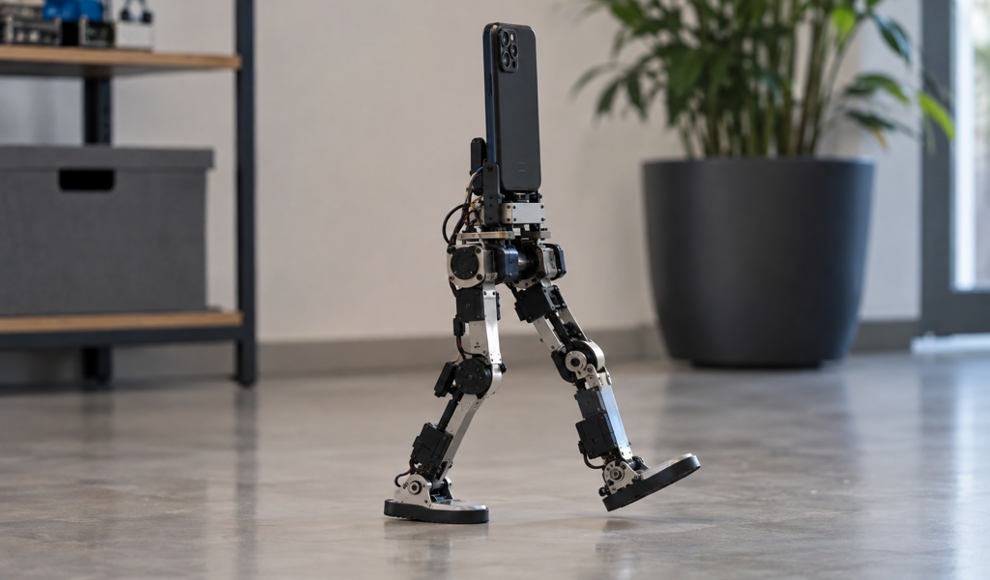 Altes Smartphone steuert einen Roboter auf zwei Beinen