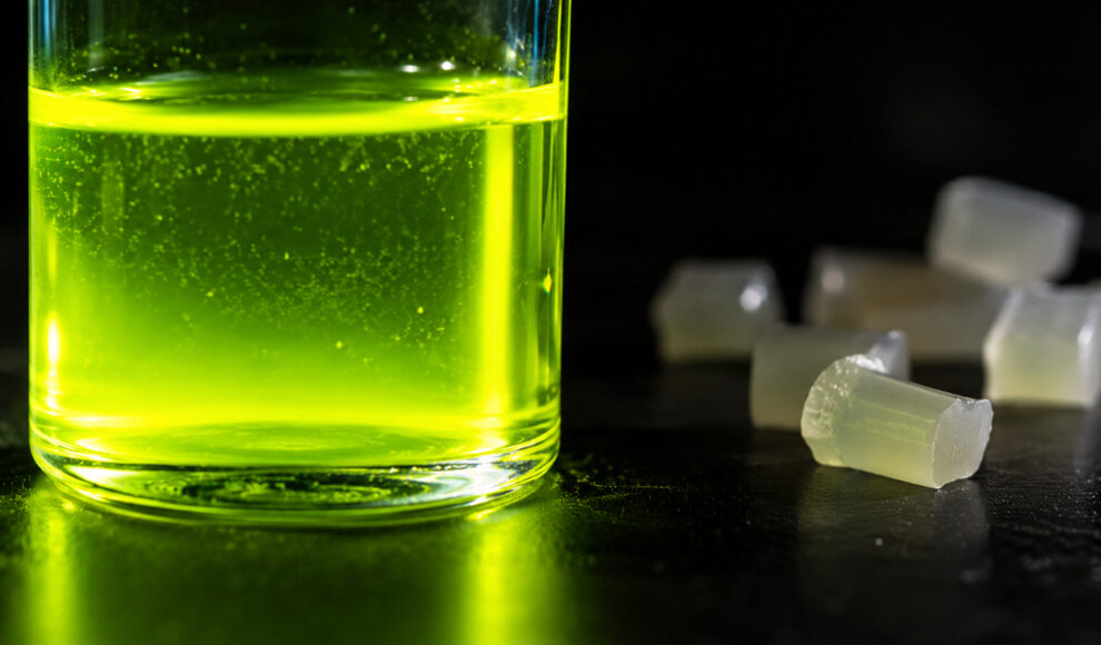 Plastikabfall beginnt nach dem Recycling gelbgrün zu leuchten