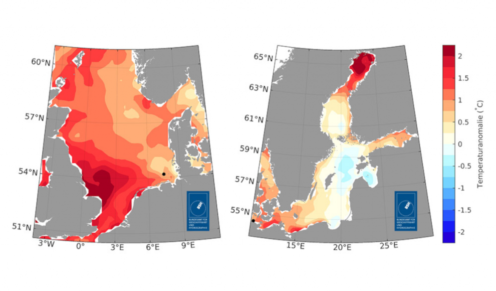 Abweichungen der Wassertemperaturen von Nord- und Ostsee im Sommer 2025 zum Mittel 1997–2021